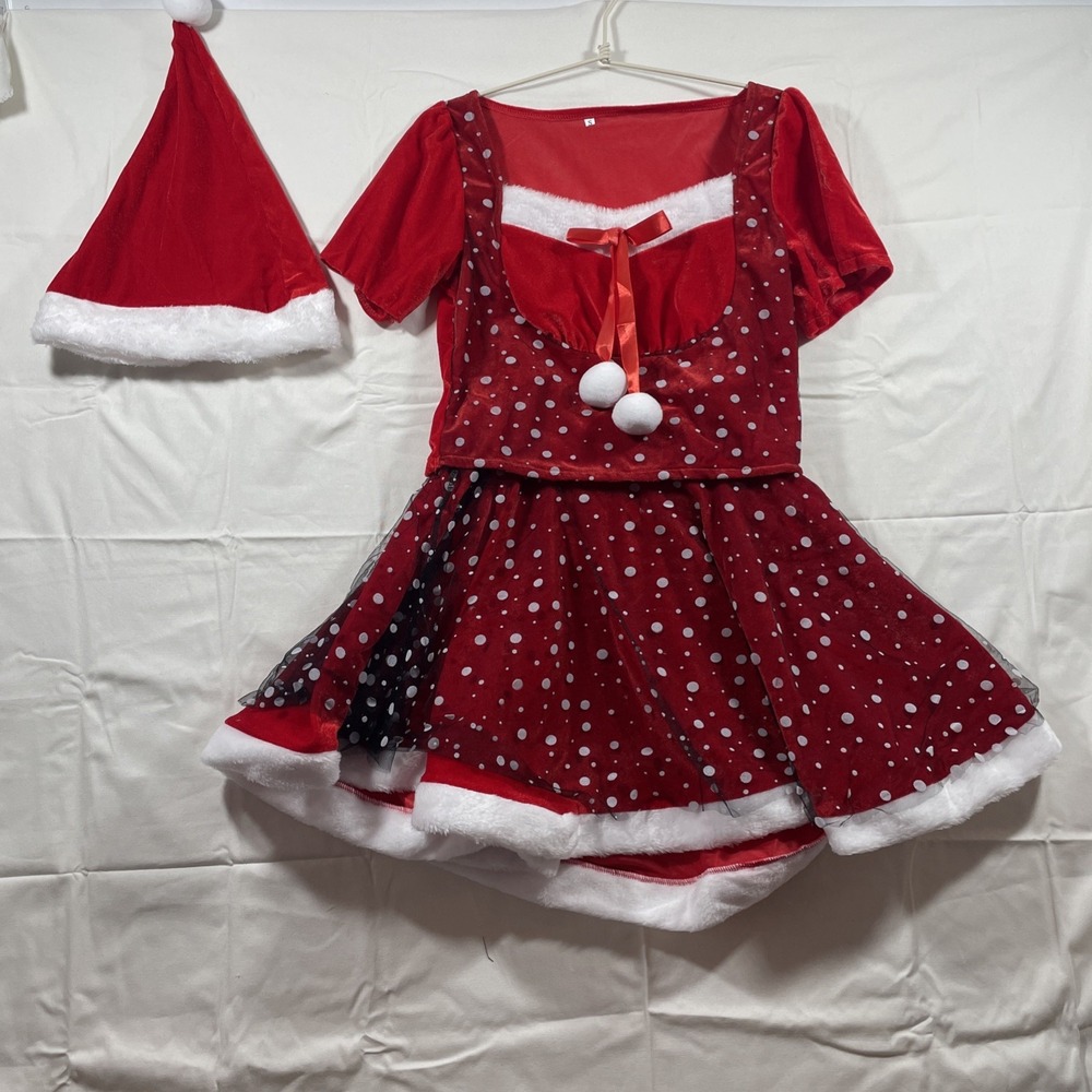 Women's Red & White Christmas Two-Piece Skirt Set with Santa Hat – Size Small